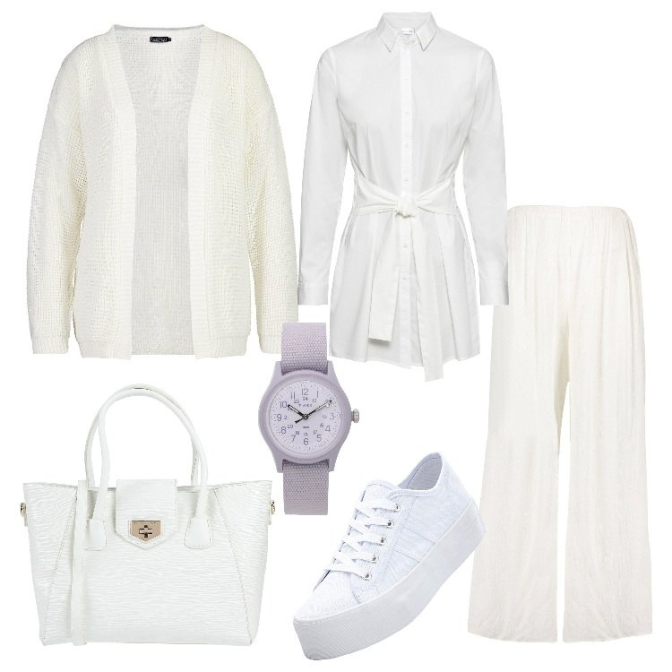 Outfit donna - Confy in total white. Stile Basic per Tutti i giorni. Abbinamento con vestiti, sneakers, borse a mano, orologi, cardigan, cardigan bianco.