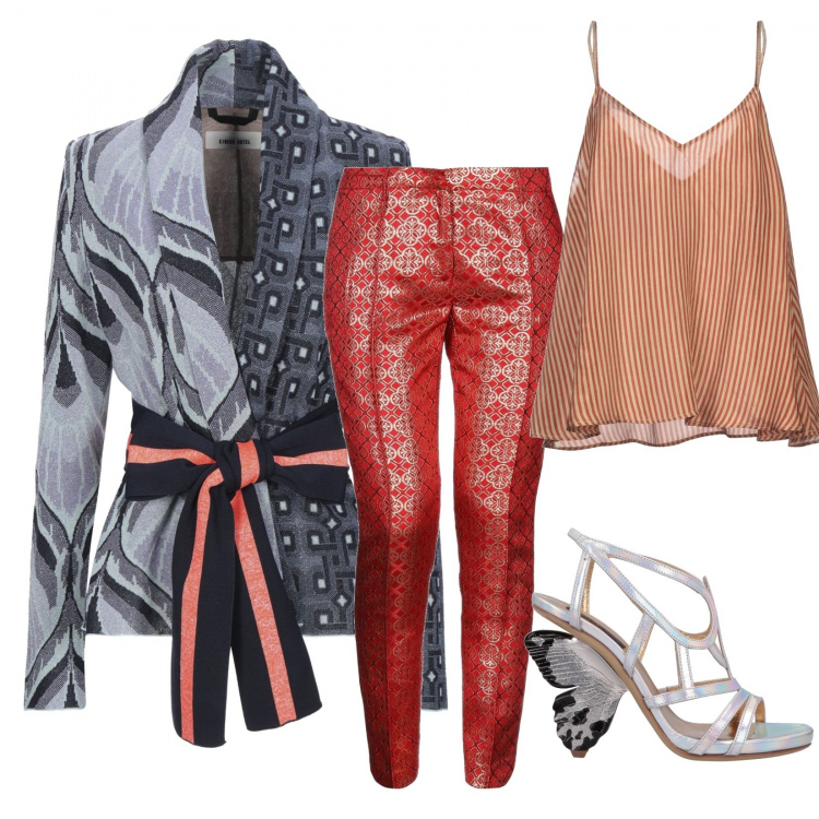 Outfit mujer - Working. Estilo Chic para Oficina. Combinación con sandalias, pantalones, chaqueta, camiseta.