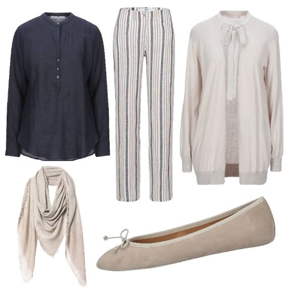 Outfit mujer - Trabajar desde casa. Estilo Basic para Todos los días. Combinación con pantalones, bailarinas y zapatos planos, camicia, jerséis, bandas para el pelo.