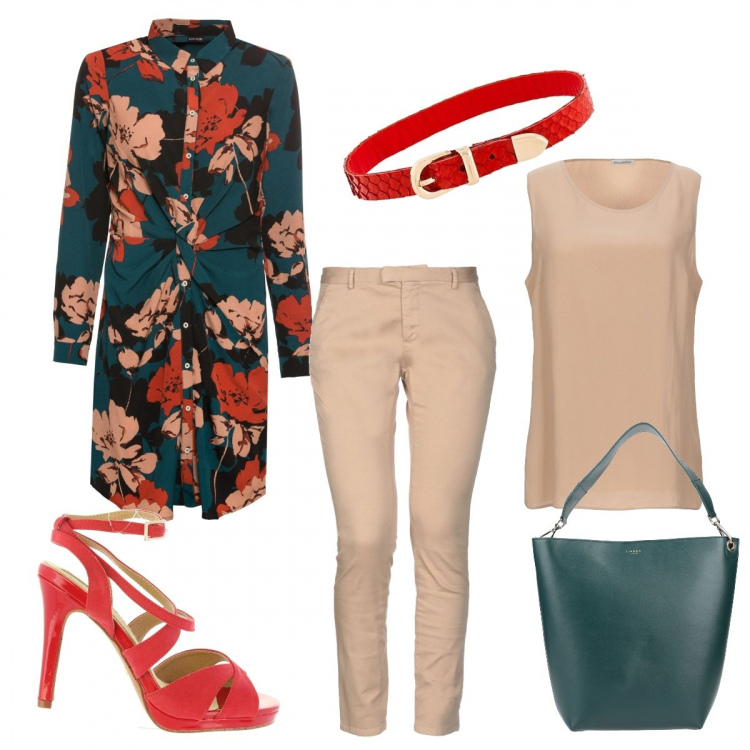 Outfit donna - Scamiciato..ma aperto. Stile Trendy per Serata fuori. Abbinamento con top, borse a mano, pantaloni, vestiti, collane, sandali.