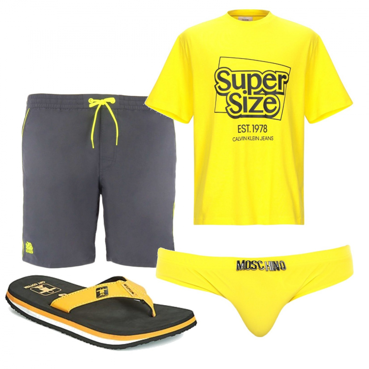 Outfit uomo - Voglia di spiaggia. Stile Casual per Mare. Abbinamento con costume, scarpa, costume, t-shirt.