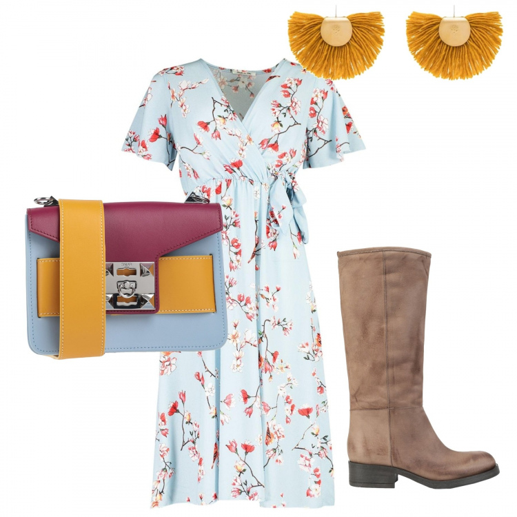 Outfit donna - Etnico #1404. Stile Etnico per Tutti i giorni. Abbinamento con stivali, borse a spalla, vestito longuette/midi, orecchini.