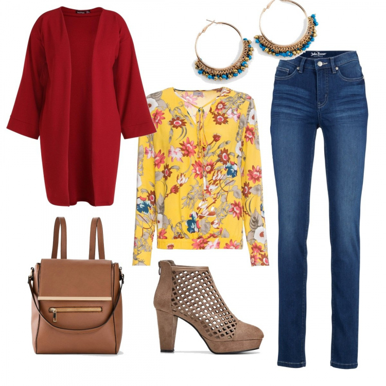 Outfit donna - Urban #8967. Stile Urban per Tutti i giorni. Abbinamento con jeans slim fit, bluse, stivaletti, zaini, orecchini, impermeabile.