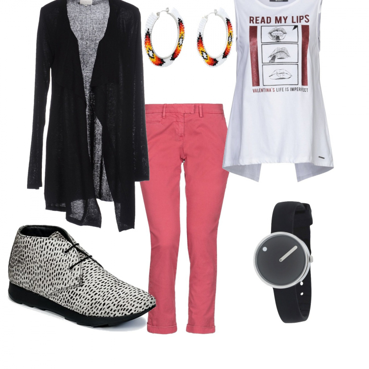 Outfit mujer - Urban #8972. Estilo Urban para Todos los días. Combinación con botines, top con strass jersey, pantalone, maglioncino 70% lana, orologio, pendientes.