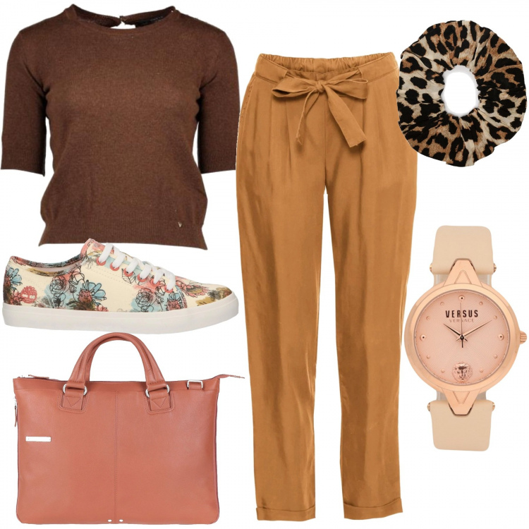 Outfit donna - Smart working. Stile Basic per Ufficio. Abbinamento con borse a cartella, orologi, shopping bag, accessori per capelli in seta, sneakers, pullovers.