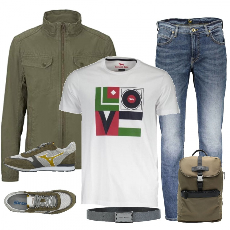 Outfit uomo - Gita fuori porta. Stile Trendy per Tutti i giorni. Abbinamento con sneakers, borse sportive, cinture, jeans, giacca, t-shirt.