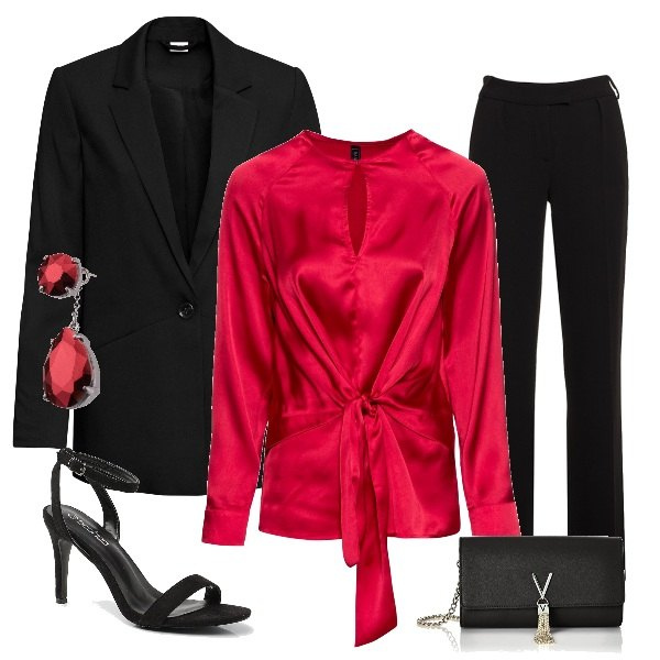 Outfit donna - Rosso di sera. Stile Bon Ton per Serata fuori. Abbinamento con orecchini, blazer, gonne, scarpe col tacco, pantaloni, pochette.