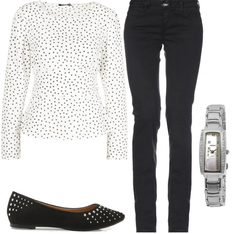 Outfit mujer - Working At Home. Estilo Basic para Oficina. look ideal para Tall/Alta. Combinación con orologio, blusa, bailarinas, pantalones.
