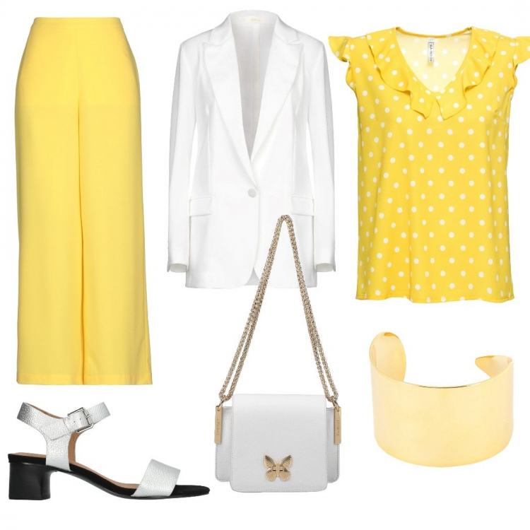 Outfit femme - Jaune radieux et élégant pour Pâques. Style Bon Ton pour Tous les jours. Assortir avec tuniques, pantalon , sacs à l'épaule, bracelets, sandales, sabots, mules et tongs tendance, veste.