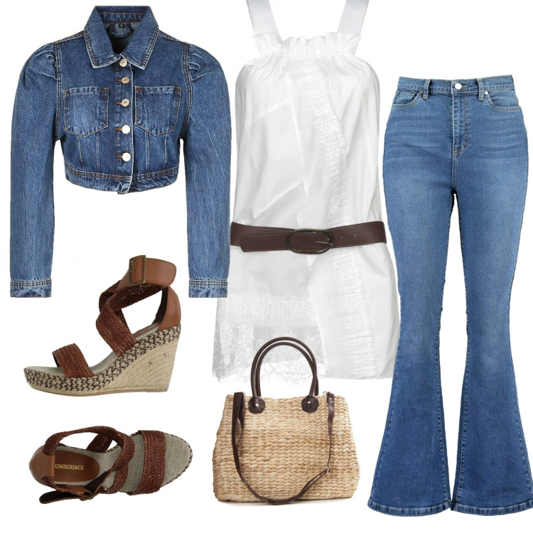 Outfit mujer - Denim con un tono hipie. Estilo Étnico para Todos los días. Combinación con borsa a tracolla beige, top, cintura skinny in denim, espadrillas, bomber in denim.