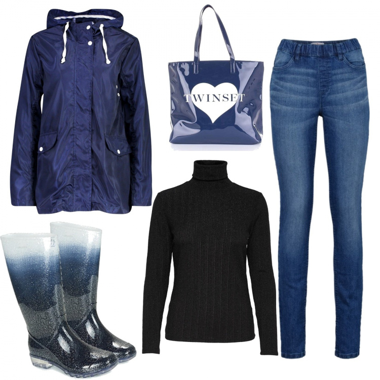 Outfit donna - Una giornata uggiosa!. Stile Basic per Serata fuori. Abbinamento con jeggings, impermeabile, borsa a mano, stivali, maglioni.
