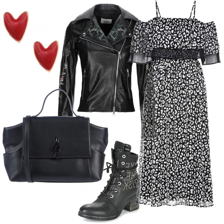 Outfit donna - Trendy #19750. Stile Trendy per Serata fuori. Abbinamento con giubbotto, borsa a mano, orecchini, vestiti midi/longuette, stivaletti.