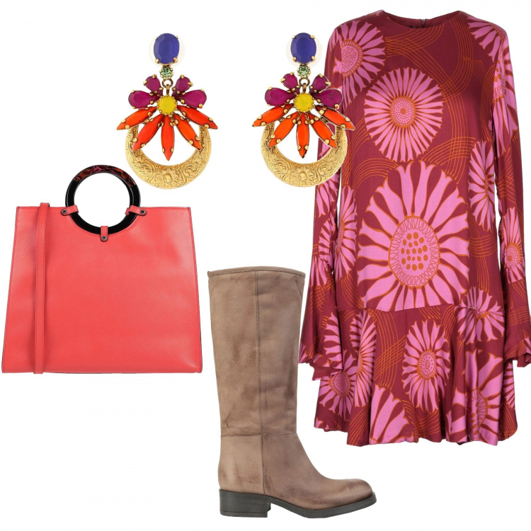 Outfit donna - Etnico #1416. Stile Etnico per Serata fuori. Abbinamento con vestito corto, stivali, borse a mano, orecchini.