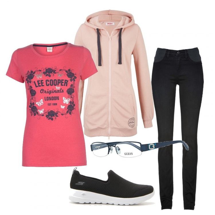 Outfit donna - Lavoro da casa. Stile Basic per Tutti i giorni. Abbinamento con jeans skinny, felpe con cappuccio, t-shirt, sneakers, occhiali.