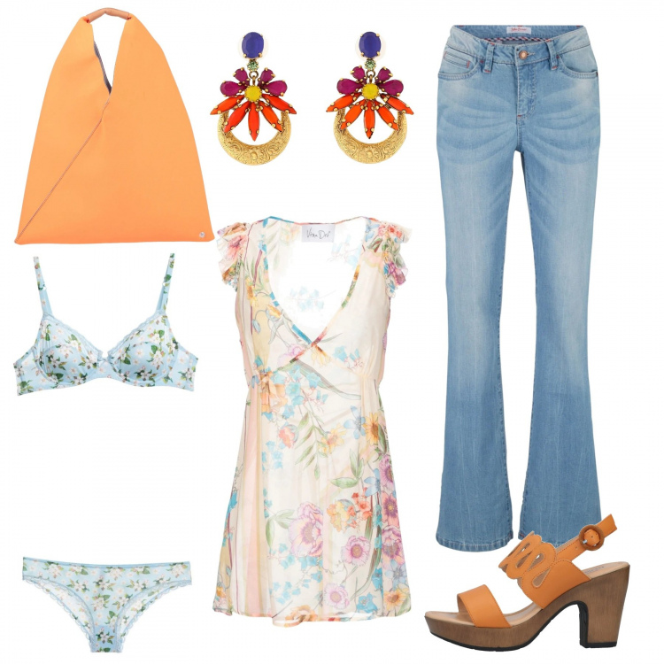 Outfit donna - Allegria Hippie. Stile Etnico per Tutti i giorni. Abbinamento con jeans bootcut, camicia a maniche corte, sandali, completo intimo, borse a mano, orecchini.