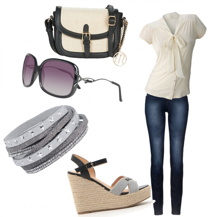 Outfit donna - Pomeriggio d’estate. Stile Basic per Tutti i giorni. Abbinamento con jeans skinny, camicia, braccialetti, borsa a tracolla, sandali, occhiali da sole.