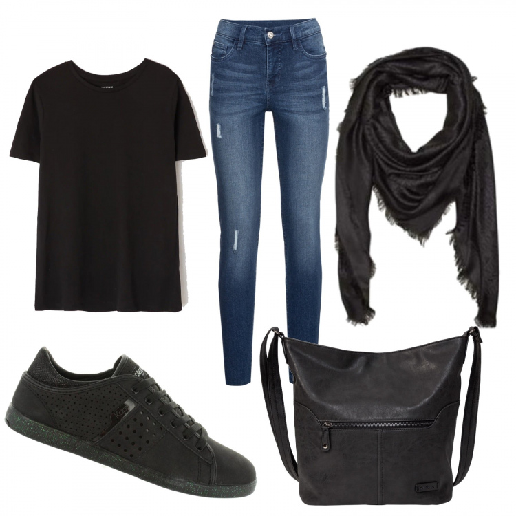 Outfit donna - Basic black&jeans. Stile Basic per Tutti i giorni. Abbinamento con borse a tracolla, jeans strappati, t-shirt, sciarpe, sneakers.