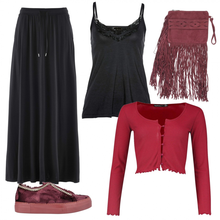 Outfit donna - Top + cardigan. Stile Basic per Tutti i giorni. Abbinamento con sneakers, borse a mano, gonne, top, cardigan.