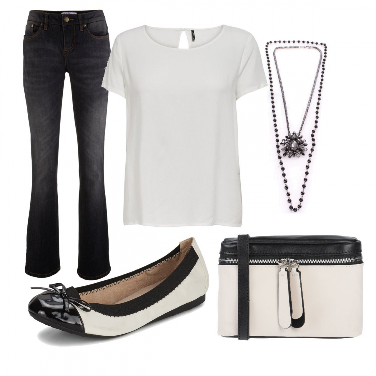 Outfit donna - Basic black & White. Stile Basic per Tutti i giorni. Abbinamento con jeans bootcut, borsa a mano, camicie, ballerine, collane.