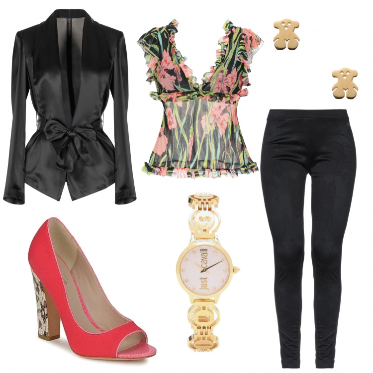 Outfit mujer - Pascua en Casa. Estilo Chic para Noche/Fiesta elegante. Combinación con zapatos de tacón, top fantasia floreale, leggings, pendientes, blazers, reloj.