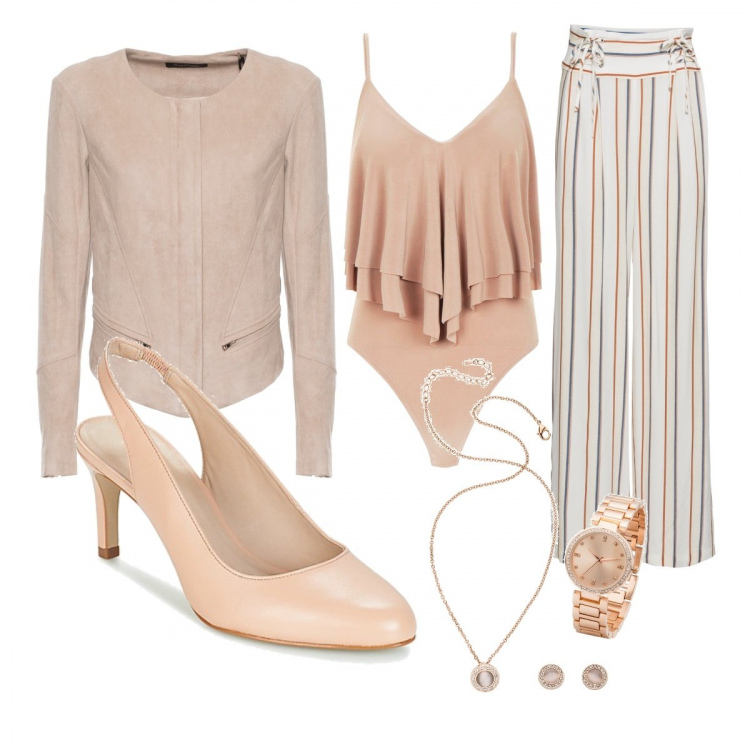 Outfit donna - Pasqua a casa ma con stile. Stile Trendy per Tutti i giorni. Abbinamento con pantaloni a palazzo, orecchini, top, décolleté, giacca.
