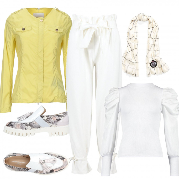 Outfit mujer - Pascua en casa. Estilo Trendy para Todos los días. Combinación con top, pantalone con cintura, giacca, scarpe stringate multicolore, sciarpa.