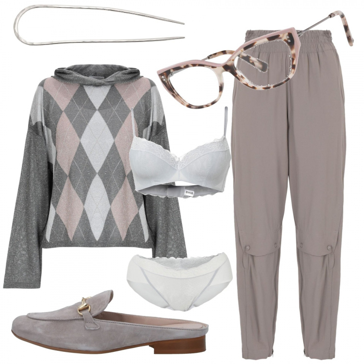Outfit donna - #iolavorodacasa. Stile Chic per Ufficio. Abbinamento con pantalone lungo, pantofole, pullovers, occhiali da vista, completo intimo, accessori per capelli.