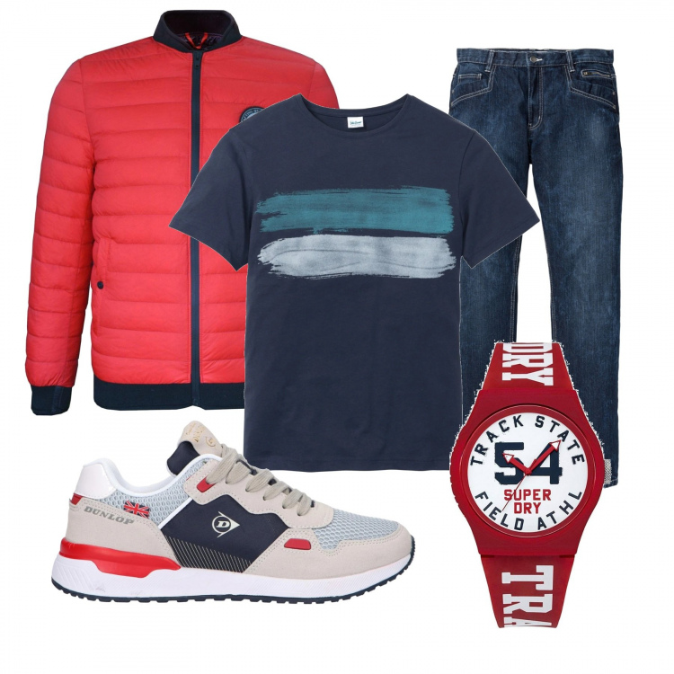 Outfit uomo - Casual #5694. Stile Casual per Tutti i giorni. Abbinamento con t-shirt, jeans dritti, piumino, sneakers, orologio.