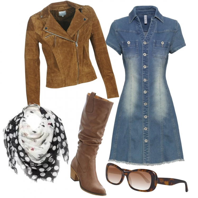 Outfit donna - Pasqua in giardino. Stile Trendy per Tutti i giorni. Abbinamento con vestiti, stivali, blazer, sciarpa, occhiali da sole.