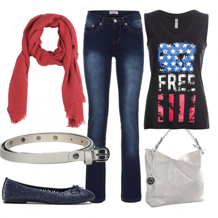 Outfit donna - Jeans e rock. Stile Rock per Tutti i giorni. Abbinamento con ballerine, top, jeans, borsa a spalla, cinture, sciarpe.