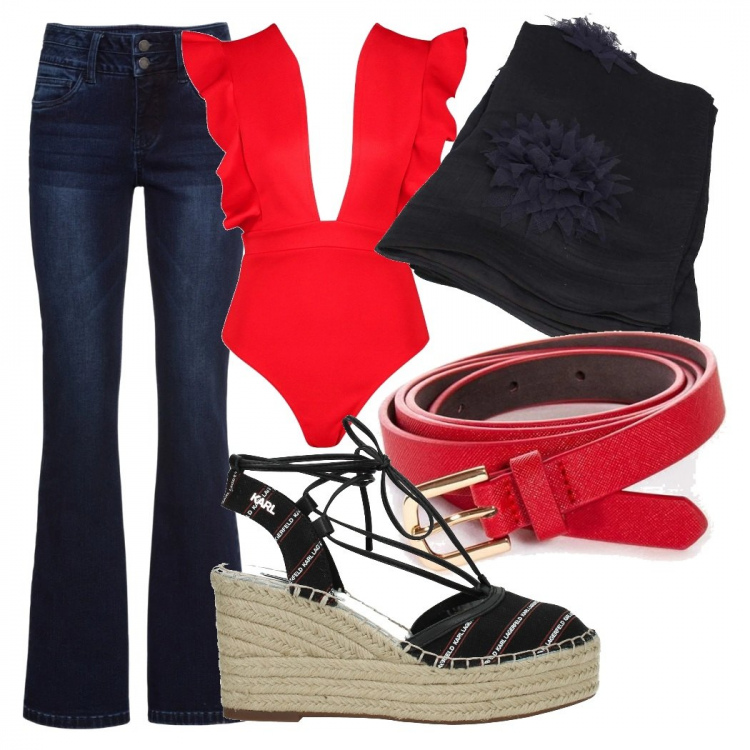 Outfit donna - Allegria e passione. Stile Trendy per Tutti i giorni. Abbinamento con jeans bootcut, top, zeppe, sciarpe, cinture.
