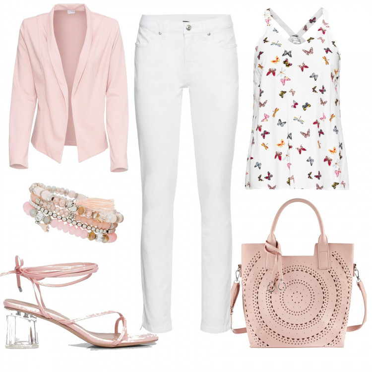 Outfit donna - Rosà chic. Stile Chic per Tutti i giorni. Abbinamento con top, jeans skinny, borse a mano, blazer, braccialetti, scarpa col tacco.