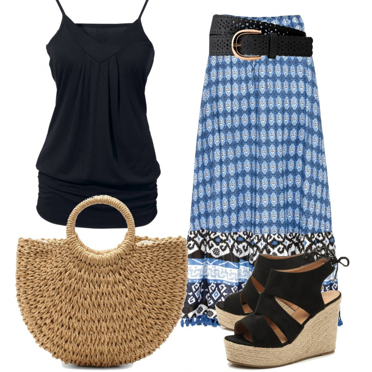 Outfit donna - Trendy #19967. Stile Trendy per Tutti i giorni. Abbinamento con top, gonne lunghe, cinture, espadrillas, borsa.