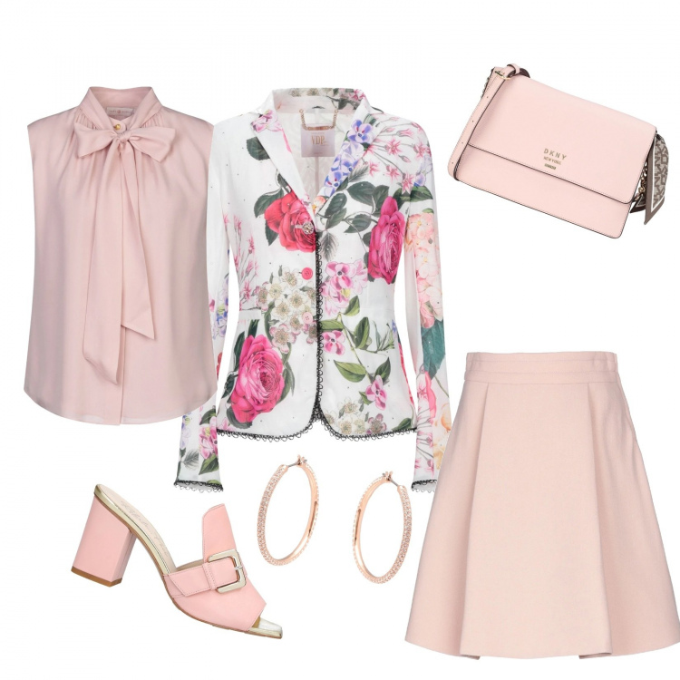 Outfit mujer - Chic #10587. Estilo Chic para Noche/Fiesta elegante. Combinación con gonna in lana, giacca con strass fantasia floreale, sandalias, zuecos, mules y chanclas de moda, pendientes, camicia, bolsos de hombro.