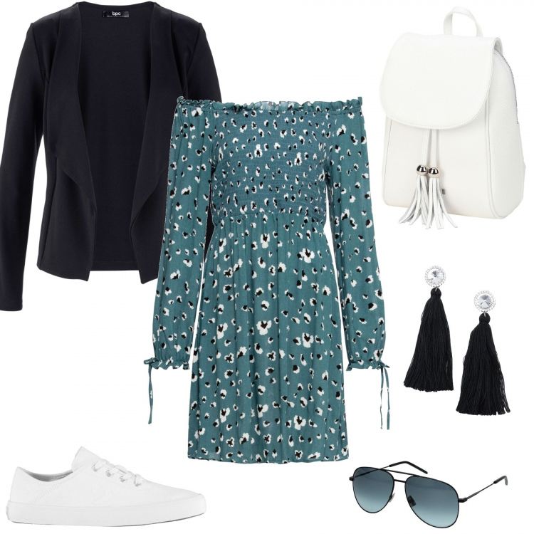 Outfit donna - Everglades. Stile Urban per Tutti i giorni. Abbinamento con blazer, vestiti, zaini, orecchini, occhiali da sole, sneakers.