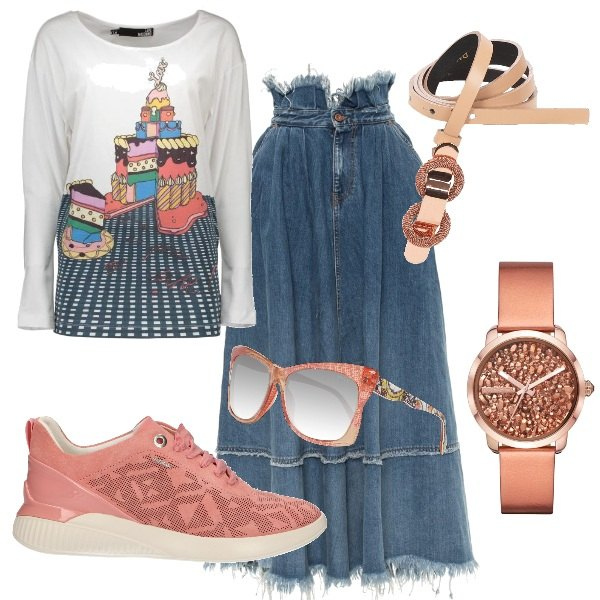 Outfit donna - Pranzo di Pasqua nel mio giardino. Stile Trendy per Tutti i giorni. Abbinamento con cinture, orologi analogici, gonne, t-shirt, occhiali da sole, sneakers.