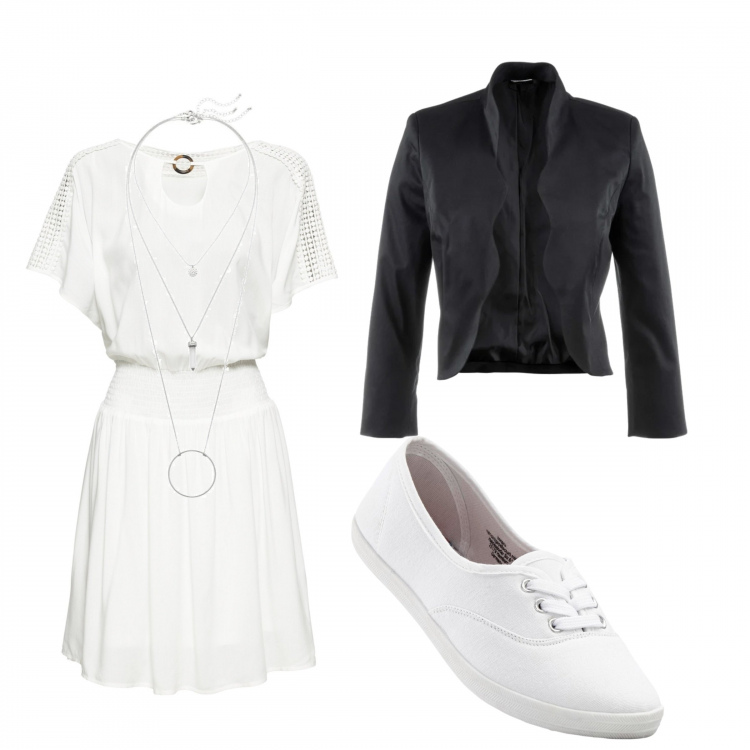 Outfit donna - Pasqua in famiglia. Stile Bon Ton per Cerimonia. Abbinamento con sneakers, blazer, ciondoli, vestiti corti.