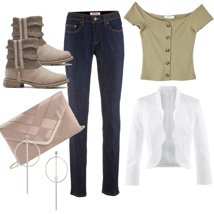 Outfit donna - Jeans and chic. Stile Urban per Tutti i giorni. Abbinamento con stivaletti, blazer, jeans skinny, gonne, orecchini, t-shirt.