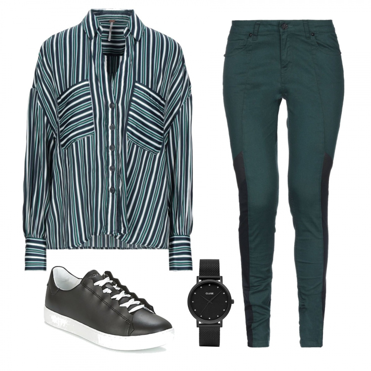 Outfit mujer - Verde a rayas. Estilo Trendy para Todos los días. Combinación con orologio, sneakers, camicia, pantalone.