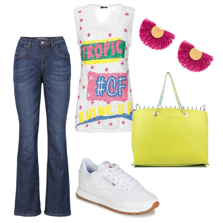 Outfit donna - A ognuna il suo stile. Stile Trendy per Scuola/Università. Abbinamento con jeans bootcut, canottiera, borsa, sneakers, orecchini.