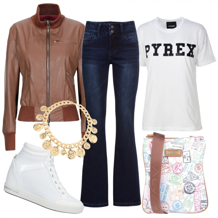 Outfit donna - Il sabato affrontarlo con leggerezza. Stile Trendy per Tutti i giorni. Abbinamento con jeans bootcut, sneakers alte, giubbotto, collana, borse a spalla, t-shirt.
