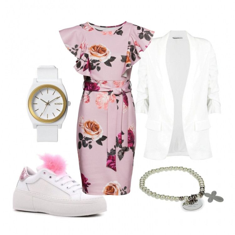Outfit donna - Pasqua 2020 in casa con stile. Stile Trendy per Tutti i giorni. Abbinamento con pantaloni chino, blazer, sneakers, braccialetti, orologi analogici.