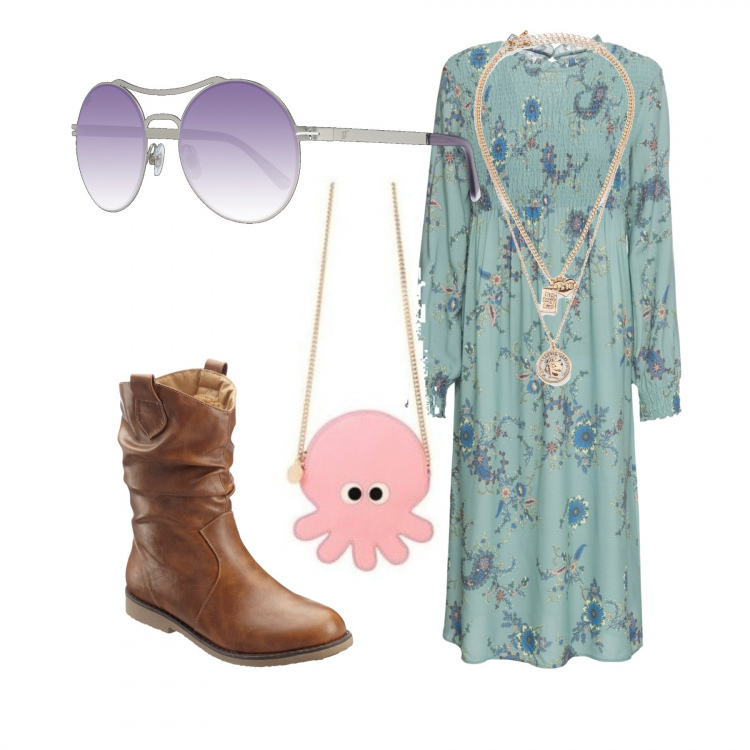 Outfit donna - Etnico #1449. Stile Etnico per Tutti i giorni. Abbinamento con vestiti midi/longuette, stivaletti, maglieria, borsa a mano, occhiali da sole.