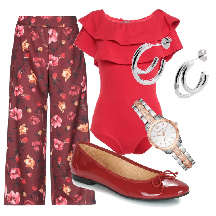 Outfit mujer - Red forever. Combinación con bailarinas y zapatos planos, camiseta, orologio con strass, pantalones, pendientes.