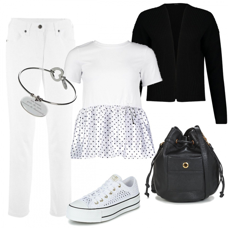 Outfit donna - Pasqua a casa con stile. Stile Trendy per Tutti i giorni. Abbinamento con pantaloni, t-shirt, cardigans, sneakers, braccialetti, borsa a tracolla.