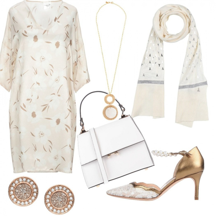 Outfit femme - Blanc Dorée chic pour baptême. Style Chic pour Cérémonie. Assortir avec robes, chaussures à talon, sacs à main, boucles d'oreilles, foulards et écharpes, colliers.