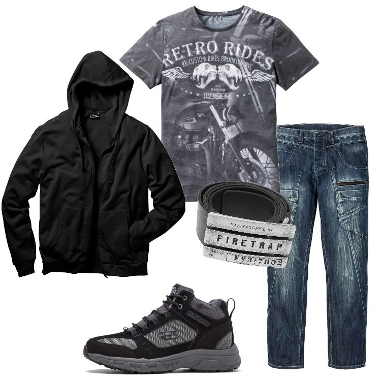 Outfit uomo - Sei come la mia moto. Stile Biker Rock per Tutti i giorni. Abbinamento con felpe con cappuccio, t-shirt, pantaloni, scarponcini nero, cinture.