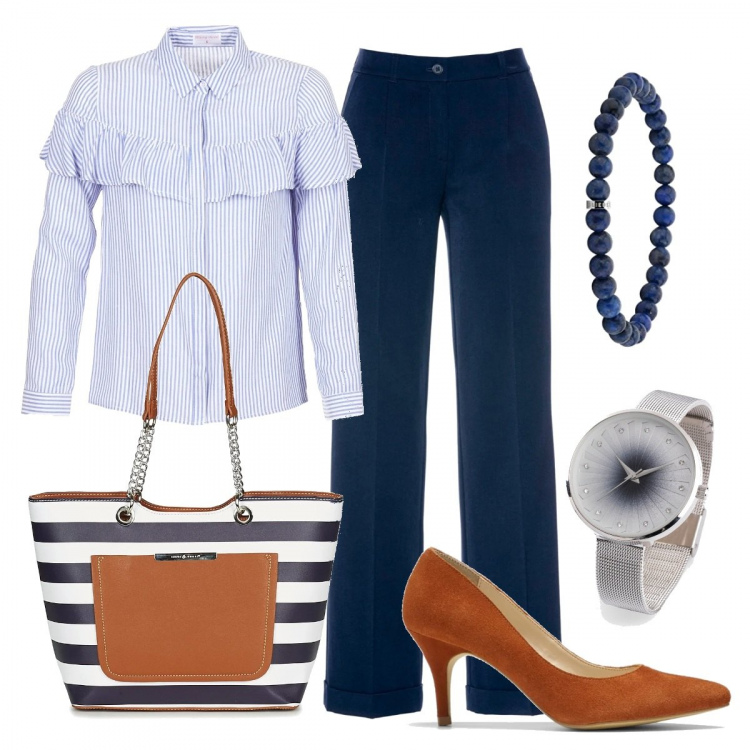 Outfit donna - Marinara. Stile Basic per Tutti i giorni. Abbinamento con pantaloni, scarpa, orologi, camicie, borsa a spalla, ciondolo.