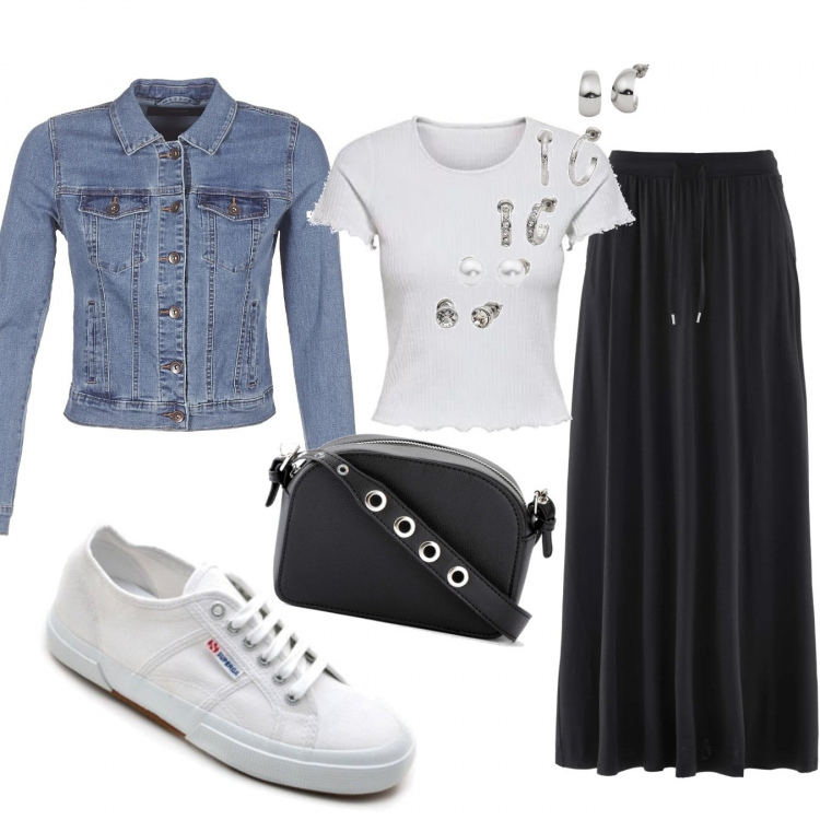 Outfit donna - Basic #12038. Stile Basic per Tutti i giorni. Abbinamento con gonne, orecchini, borse a mano, giacche, sneakers, top.