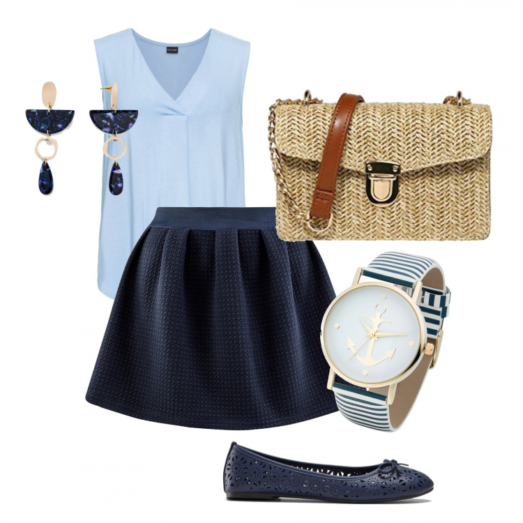Outfit donna - Picnic. Stile Bon Ton per Tutti i giorni. Abbinamento con top, orecchini, ballerine, orologi, minigonne, borse a tracolla.